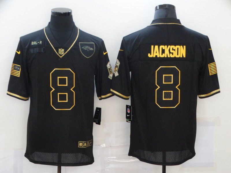 Men Baltimore Ravens #8 Jackson Black Retro Gold Lettering 2020 Nike NFL Jersey